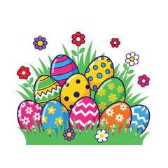 Colorful easter eggs with floral and geometric patterns nestled in green grass with scattered vibrant spring flowers vector art