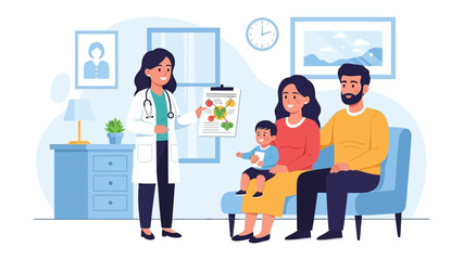 Healthcare Consultation: A doctor explains the nutritional plan to a family during their visit to the clinic