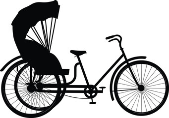 Fototapeta premium Cycle rickshaw silhouette illustration, traditional human powered tricycle transport with passenger canopy, urban street travel and heritage vehicle concept isolated on white