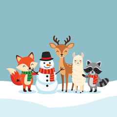 Fototapeta premium Cute winter animal friends holding snowman with scarves standing on snow in flat cartoon style illustration