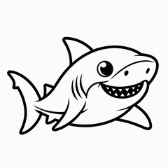 A stylized black and white illustration of a smiling shark swimming in the ocean isolated on white background, Vector, illustration