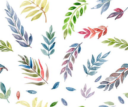 Watercolor painting of leaf and flowers, seamless pattern on white background. summer print , allover design