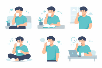 Fototapeta premium Man listening to music and relaxing at home flat illustration set for leisure, headphones and daily routine