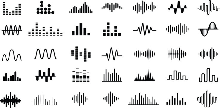 Sound waves icons set. Analog and digital audio signal collection. Music equalizer. Interference voice recording. High frequency radio wave. Vector illustration.