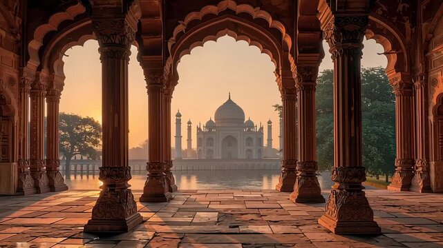 View of Taj Mahal Through Ornate Archway at Golden Sunrise in India