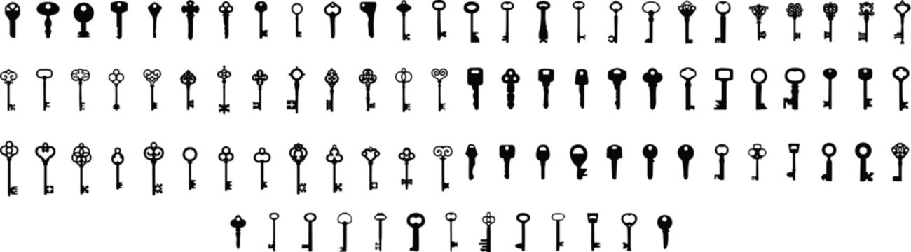 Key icon symbol flat style set. Door or house key to unlock lock collection. Security system concept represented by outline and silhouette key sign group
