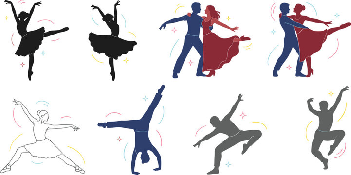 Flat vector silhouettes of diverse dancers performing ballet ballroom and contemporary dance with minimalist expressive colorful motion accents.