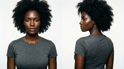 Fototapeta premium Woman in graphite Tshirt in front and side views