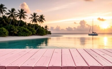 Pink wooden deck overlooking tropical beach at sunset