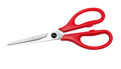 Open scissors, red plastic handles, silver blades on a black backdrop