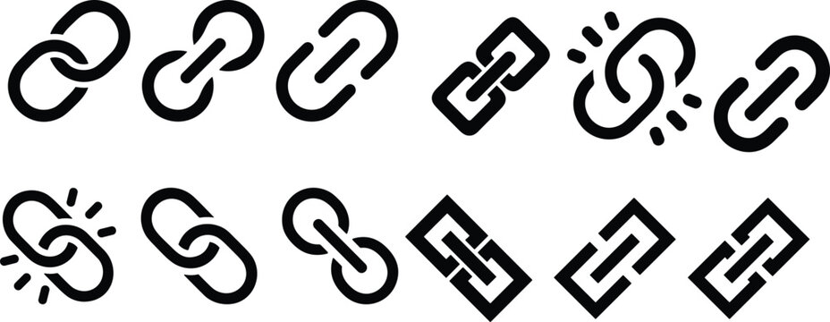 Link icon set. Internet URL or webpage URL link icons. Chain, web address, internet shortcut, browser, external link, hyperlink navigation, webpage connection.