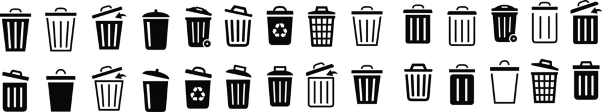 Trash icons set. Dust bin sign collection. Can or delete symbol. Recycle bin icon button. Dustbin icon in trendy flat and line design. wastage or garbage can. Rubbish Bin group