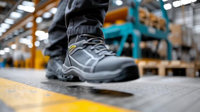 Industrial worker wearing protective safety boots standing in factory