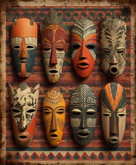 Colorful, intricately carved masks are displayed on a rustic wooden background. Their vibrant designs reflect cultural artistry and tradition.