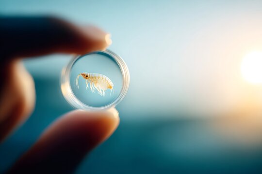 Close-up of a tiny amphipod crustacean specimen held in a hand. Marine biology research and ocean science concept