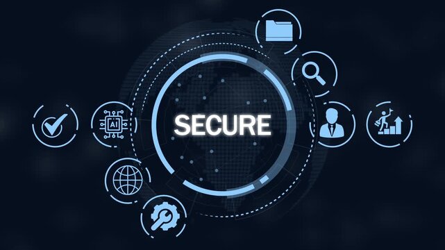 Secure digital technology concept with interconnected representing data management artificial intelligence global network and business growth on a dark