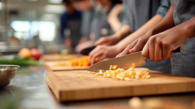 Medium shot of teens practicing knife skills on cutting boards with sharp knives main subject in focus blurred instructors guiding in the background bright kitchen setting.