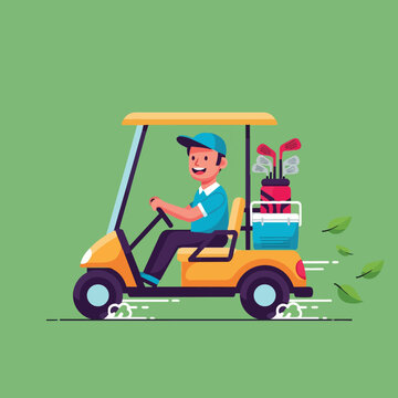 Flat design side view of smiling man driving yellow golf cart with clubs and cooler on bright green background