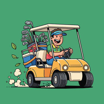 Colorful cartoon style smiling man driving yellow golf cart with golf clubs on green background outdoors