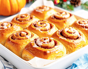Sweet pumpkin and cinnamon rolls, full frame, macro shot. AI