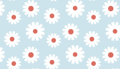  Seamless White Daisy  Wildflower Pattern, Retro Floral Vector Background.
