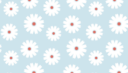  Seamless White Daisy  Wildflower Pattern, Retro Floral Vector Background.
