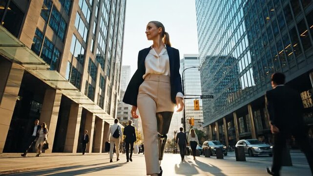 A professional woman with a leg prosthesis walks confidently down a sunny city street. This scene highlights diversity and inclusion in the workplace. Great for corporate or social ads.