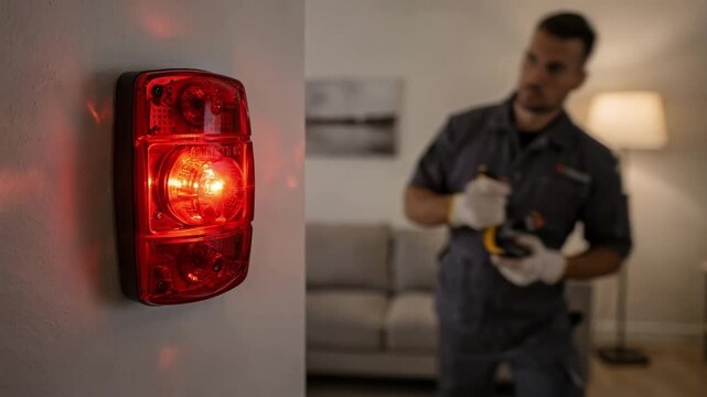 Installer adjusting an alerting light device on a living room wall the flasher illuminated and foreground focused while background remains muted