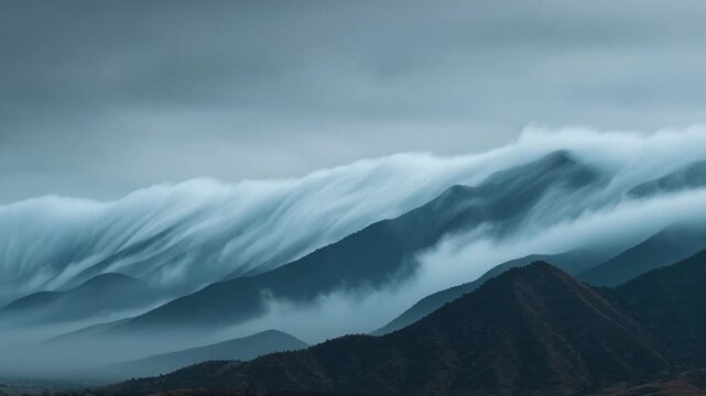Dramatic mountain range with rolling fog