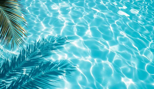 Crystal clear turquoise swimming pool water surface with sunlight caustics patterns, palm tree frond shadow and actual green palm leaf