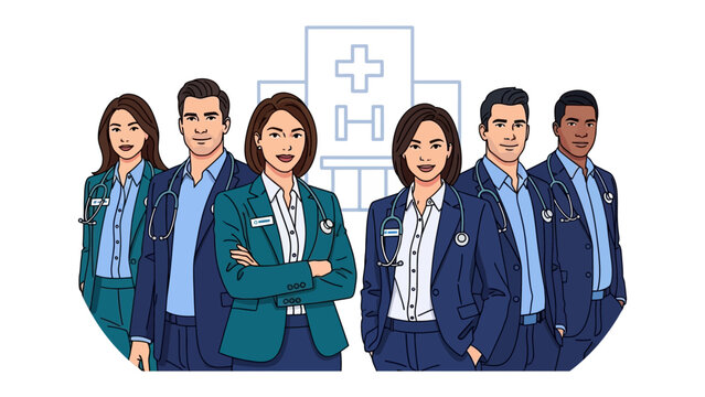 Healthcare Heroes: A team of dedicated medical professionals, standing united in front of a hospital, embodying expertise and compassion.
