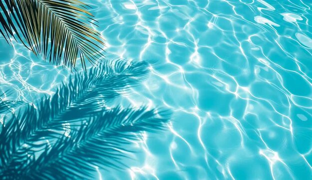 Crystal clear turquoise swimming pool water surface with sunlight caustics patterns, palm tree frond shadow and actual green palm leaf