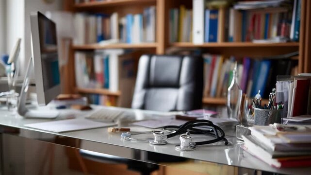 Medium shot of a physicians private office desk with a computer and diagnostic tools sharply focused surrounded by softly blurred reference books and medical charts.
