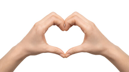 Woman forming heart shape with her hands on transparent background. Concept of love, care, affection, and Valentine's Day. Graphic cutout for greeting card.