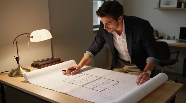 Architect drawing blueprints of modern house design in office with lamp and drafting table for construction project planning