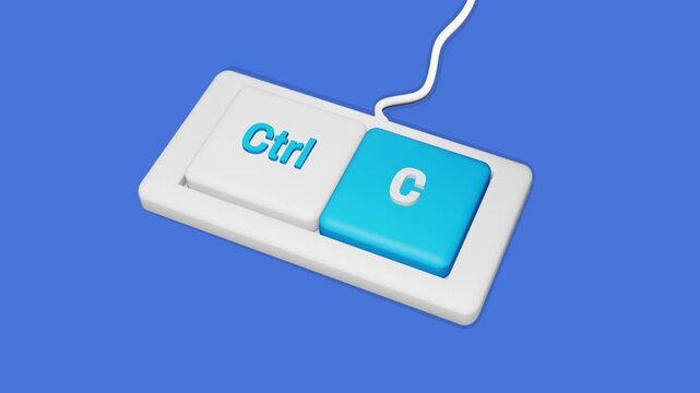 Keyboard Shortcut Ctrl C Button Press Animation for Copy Command, Productivity Workflow and Computer User Interface Concept on Blue Background