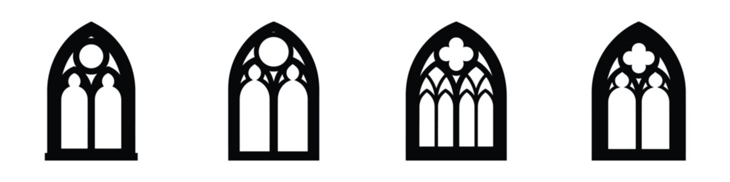 Gothic Arch Window Vector Set: Spooky Medieval Cathedral Frames for Horror, Halloween, and Dark Fantasy Design - Silhouette Lancet Windows with Tracery and Quatrefoil Accents