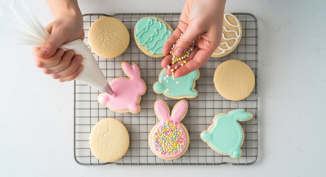 hands decorating colorful easter cookies with icing and sprinkles for festive celebration