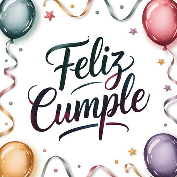 Feliz cumple and Feliz cumplea&ntilde;os sign means Happy Birthday in Spanish language. Groovy calligraphy birthday greetings card and party celebration gift with cake candle colorful balloons congratulation