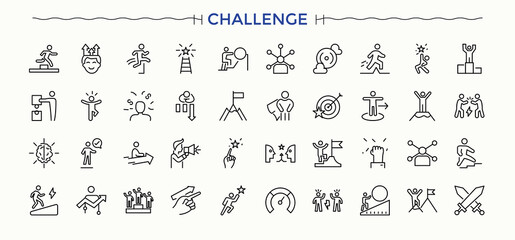 Challenge icon set. Simple line vector icons. Strategy icon set. Contain linear sign development, achievement, difficulty, exam, performance and more.