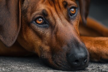 Brown dog lies calmly on the ground, showcasing its soulful eyes and shiny coat in a serene setting during the afternoon light