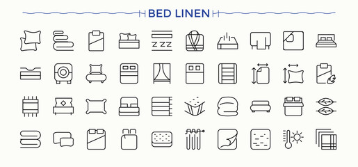 Bed Linen icon set. Thin web icons. Contain linear symbols room, pillow, bedroom, textile. Editable vector illustration. Fabric vector icon set.