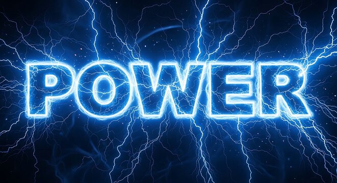 Glowing Blue Neon Word POWER Surrounded by Electric Lightning Strikes.