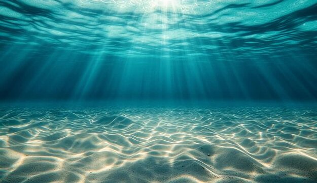 Underwater scene with sunlight rays penetrating crystal clear turquoise water, view from below surface looking up, sandy ocean floor with rippled 
sand patterns and caustics