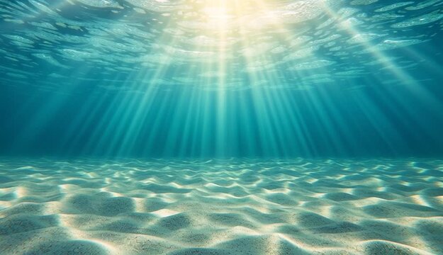 Underwater scene with sunlight rays penetrating crystal clear turquoise water, view from below surface looking up, sandy ocean floor with rippled 
sand patterns and caustics