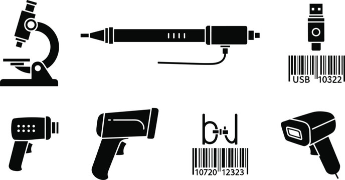Scientific Laboratory and Retail Scanning Icon Set Featuring Microscope Laser Pen Barcode Scanners Handheld Readers and USB Connectivity for Business and Research