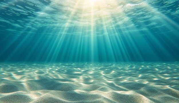Underwater scene with sunlight rays penetrating crystal clear turquoise water, view from below surface looking up, sandy ocean floor with rippled 
sand patterns and caustics
