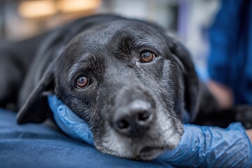 Caring hands provide consultation and care at dog clinic for an elderly black Labrador retriever needing veterinary attention