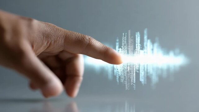 Innovative businessman interacting with luminous data stream, showcasing binary code visualization of artificial intelligence and cutting edge technological advancement