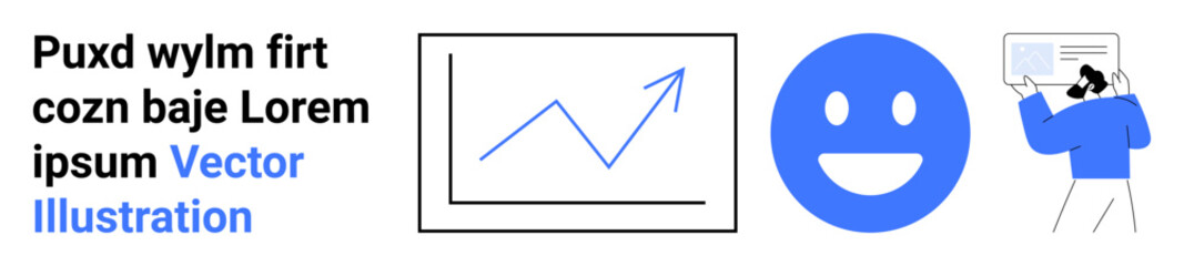 Obraz premium Business analytics, feedback evaluation, presentation design, corporate visuals, data sharing, team communication. Includes a growth chart, smiling face and presenter with a document. Business